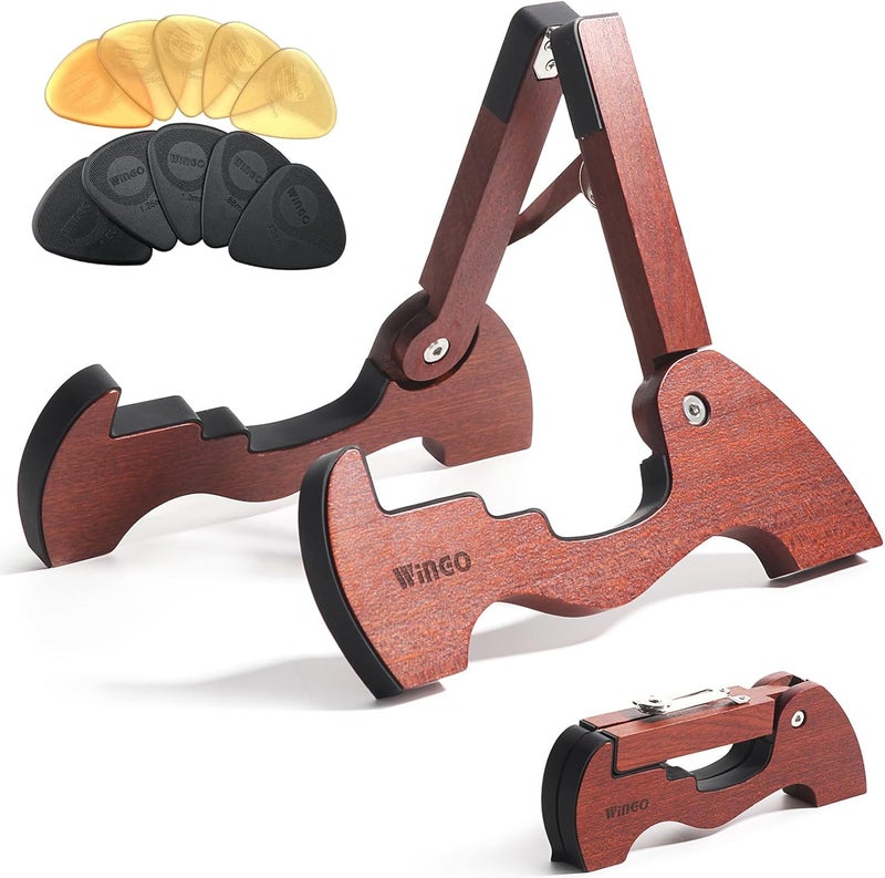 Wingo Wood Guitar Stand with 10 Picks, Folding A-frame Wooden Floor Stand for Acoustic Electric Bass Guitars with Non-slip Rubber, Fully Assembled. - Image 1